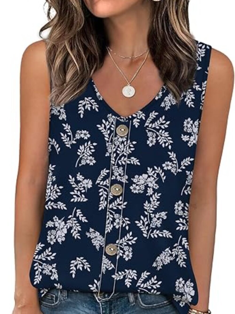 Women's Blue Tank Tops Loose Casual Summer Eyelet V Neck Basic Sleeveless Shirt